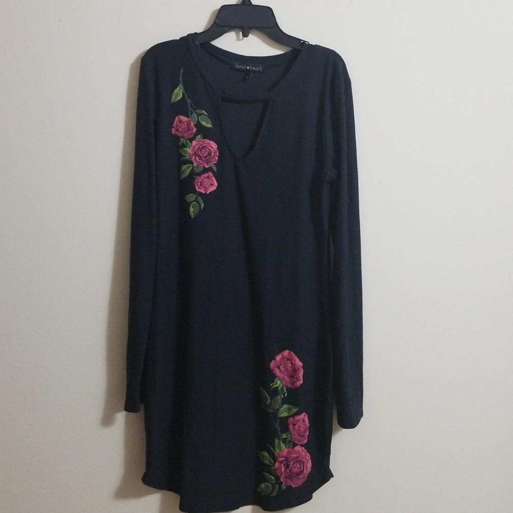 Derek Heart Black Mini Dress with Pink Floral Accents